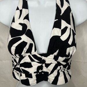 Zara Black‎ White Abstract Palm Print Halter Neck Tie Back Crop Top XS